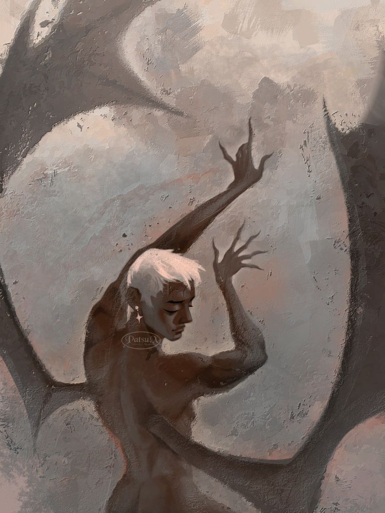 Digital painting of a vampiric man with gian bat wings.
