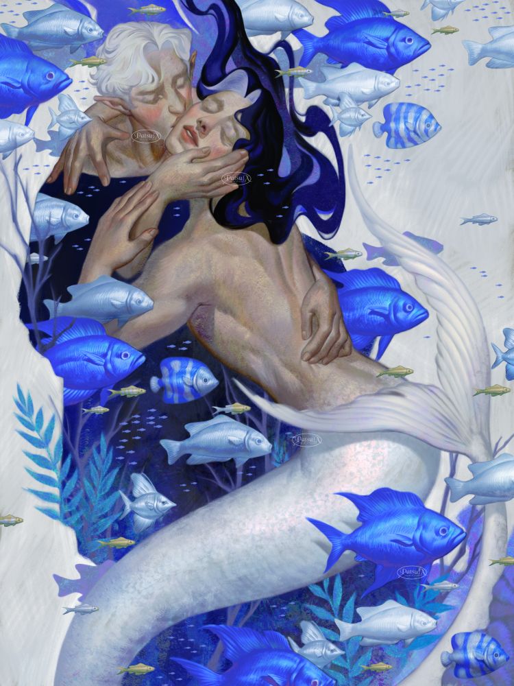 Digital painting of a man kissing a merman on the cheek and they are surrounded by fish. The illustration is almost abstract, with a color palette of vibrant and dark blues, and pale grays.
