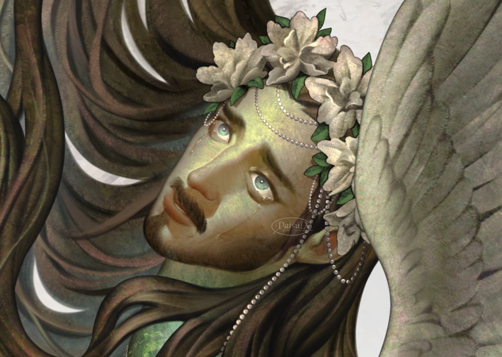 [digital painting] portrait of a male sphinx. He has olive skin, thick brown brows, facial hair, and long wavy hair. His eyes are a piercing green, and he has melancholic expression, as there are tears streaming down his face. There are jewelries adorning his head, and a crown of white flowers.