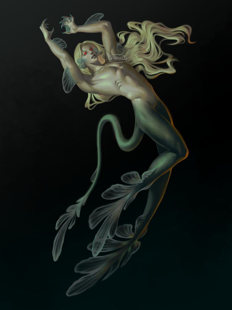 Digital painting of a merman. He has fangs, blaring red eyes, and fins all over his pale body. His lower half is humanoid in shape; it is green and instead of a giant fish tail, he has an elaborate shaped pair of flippers. He has a tail that ends in the same pattern as his flippers, and his blonde hair is flowing in the water.