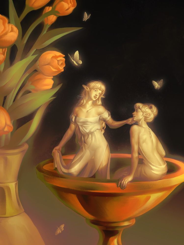 Digital painting of two elf women sitting on a goblet beside a flower vase. They are sharing an intimate gesture and there are small butterflies flying around them.