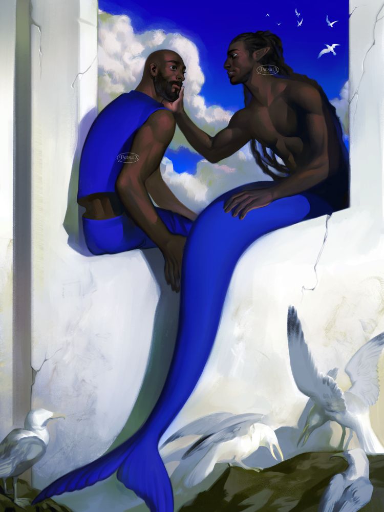 Digital painting of a man and a merman, sitting on a window by the beach. The merman is cupping the human's cheek and they are sharing a longing glance at each other.