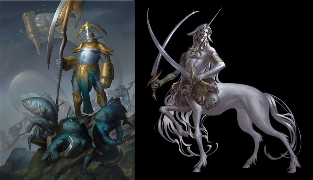 Collage of two digital paintings.

Image on the left: Digital painting scene of an aquatic humanoid warrior, perhaps leading a battalion of other merfolk and aquatic warriors into an attack on land. 

The warrior general has thick, scaly silver skin, adorned in gold armor and plating, and he's wielding a giant golden axe with an odd shape. He's standing on an elevated rocky platform covered in moss, with three aquatic creatures surveying the attack alongside him.

The creatures in the foreground have humanoid bodies, but heads of fish and merfolk. The same species of creatures can be seen rallying in the background. Lastly, there is a giant serpent towering the scene in the far back, it is pale in color, and it seems like it has a man-made golden structure attached to its face, like a helmet of sorts.

Image on the right: Digital painting of a centaur. He has a unicorn horn on the middle of his forehead, his sclera are bloodshot but his iris are icy and blank, and he is baring a devious sinister smile. He is wearing a necklace made of severed ears, tongue, and jaw-bone, and there are several decapitated heads hanging by his waist. He is wielding two curved blades.