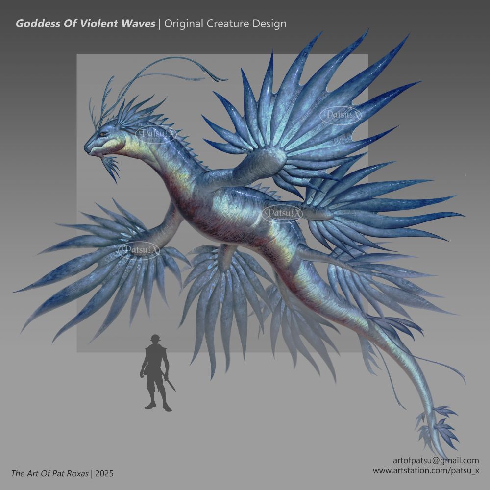 Digital painting of a dragon Kaiju; Goddess Of Violent Waves. The creature is an aquatic dragon heavily inspired by the real life creature "Glaucus atlanticus"; it has 6 limbs with spiky fan shaped fines that help it traverse waters with strong currents. It is blue and white in color.