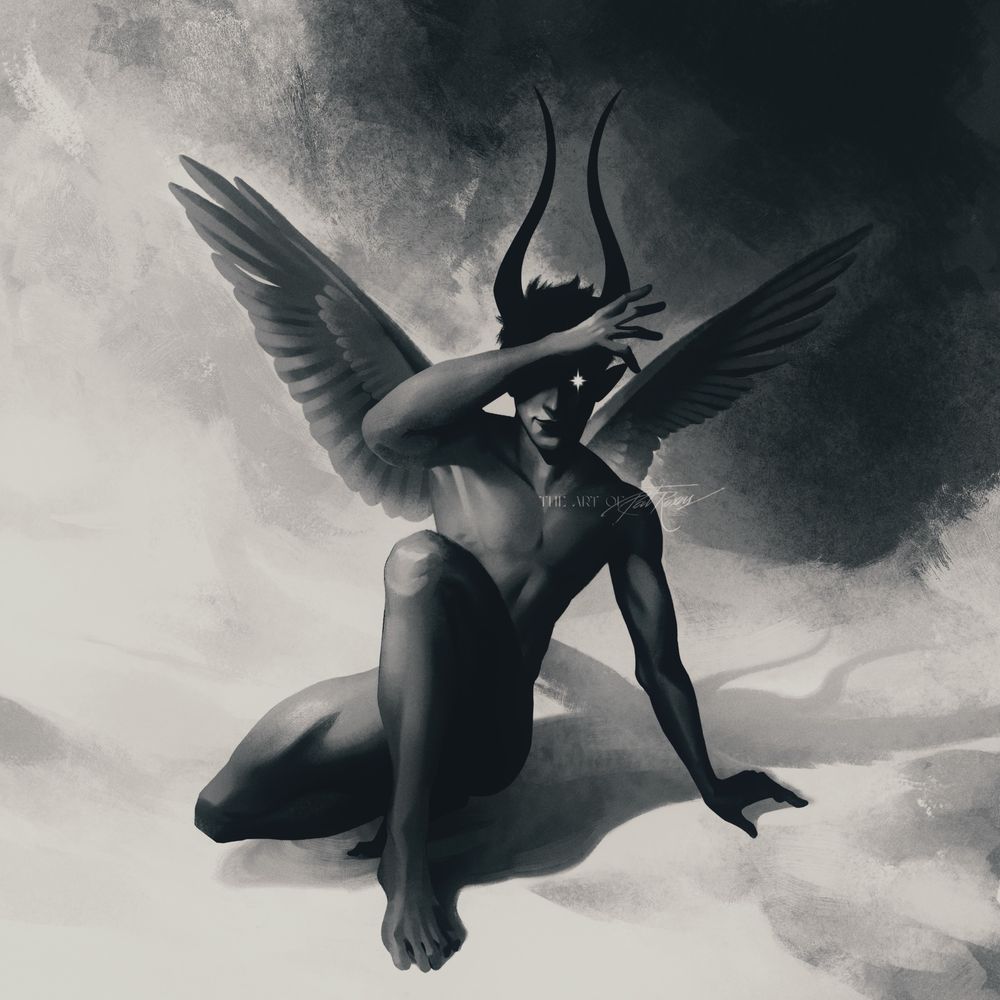 Digital painting of a demon. He is partially covering half of his face with his right arm, with only his lips nose visible and a glowing left eye. He has big devil horns and small angel wings.
