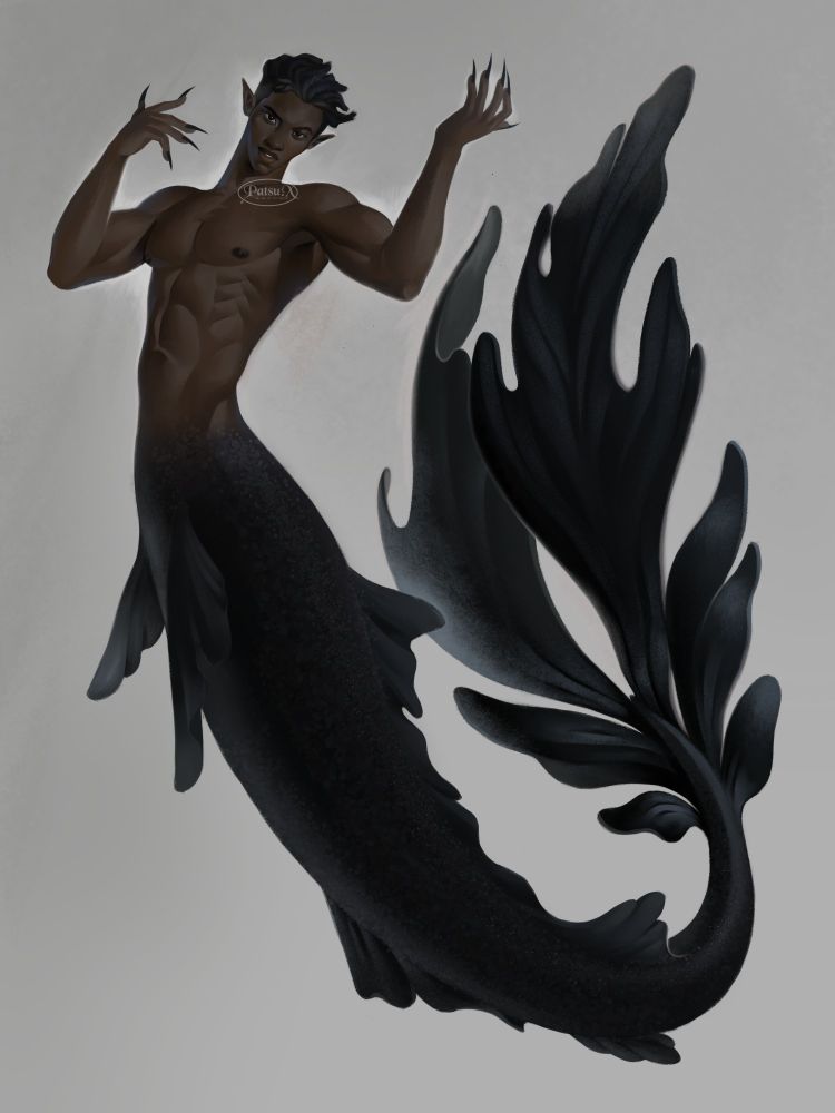 Digital painting of a merman with a giant, flowy fish tail.