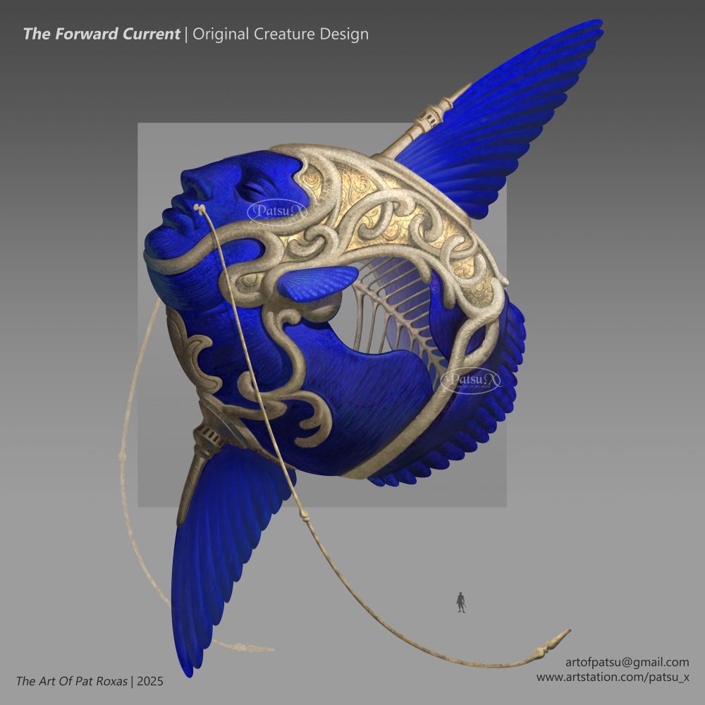 Digital painting of a giant fish kaiju called “The Forward Current”. It is basically a giant Sunfish with a human face. Its eyes are solemnly closed, a pair of whiskers protruding below its nose, its skin is a vibrant royal blue, and parts of its body surface is covered in bony material and engravings made of stone. On the base of its dorsal and anal fin are artificial structures that look like watchtowers. 