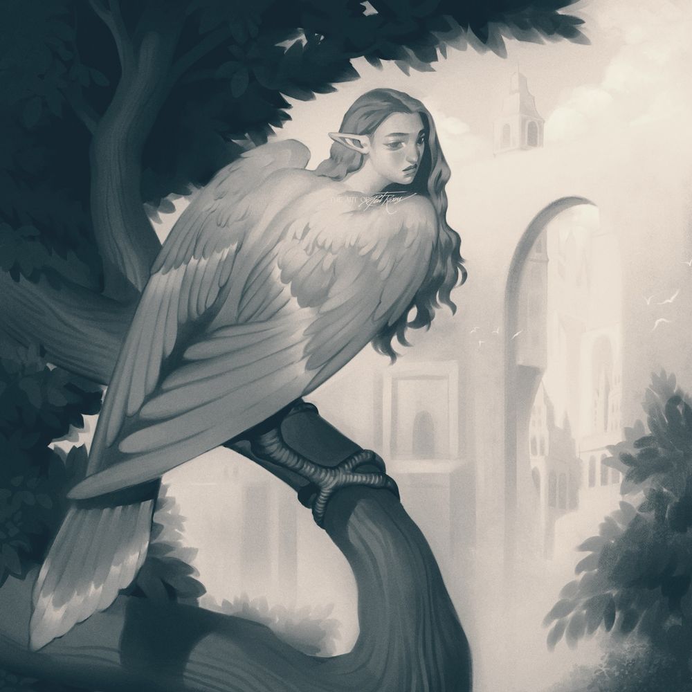 Digital painting of a harpy perched on a tree branch. 