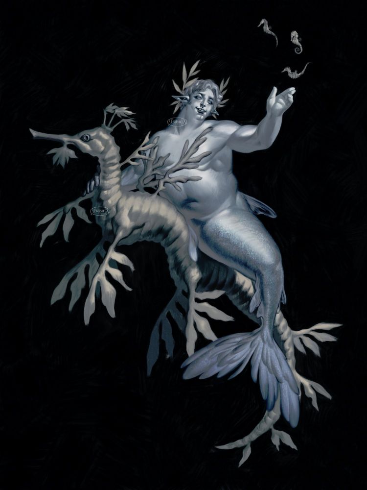 Digital painting of a merman riding on the back of a leafy sea dragon. Three seahorse are swimming by them.