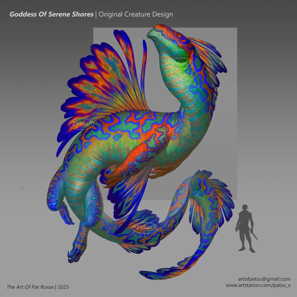 Digital painting of a reptilian monster called "Goddess of Serene Shores". It's almost crocodilian in body-type, but with a longer torso, tail, and neck. Its head is similar to a carnivorous therapod, or traditional skull designs of dragons, and its throat sack can expand just a bit. There are sails/fins on its back, its underside, and along the ridges of its tail. Its coloration is greatly inspired by Mandarinfish, with ornate patterns of oranges, greens and blues.