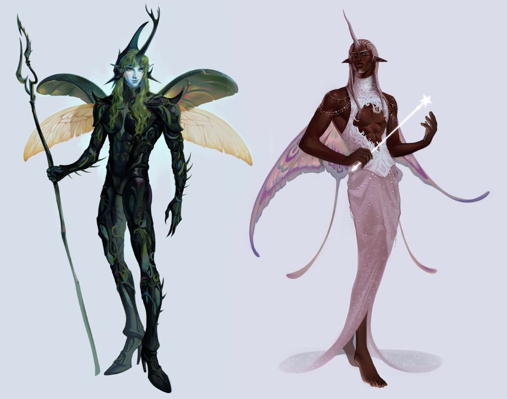 Collage of two digital paintings.

Image on left: Digital painting of a fairy knight. He has pale blue skin, green hair, and he is covered in spiny black armor from head to toe. He has a beetle horn in the middle of his head, and a beetle helmet to match, as well as small beetle wings. He is also wielding a spear.

Image on the right: Digital painting of a male fairy. He has a unicorn horn protruding out of his forehead, his hair is pink, and he has a pair of opulent, lavender moth wings. He is wearing an elegant white bustier corset top with an open chest, with a form fitting, sheer skirt, and he is wielding a glowing wand.