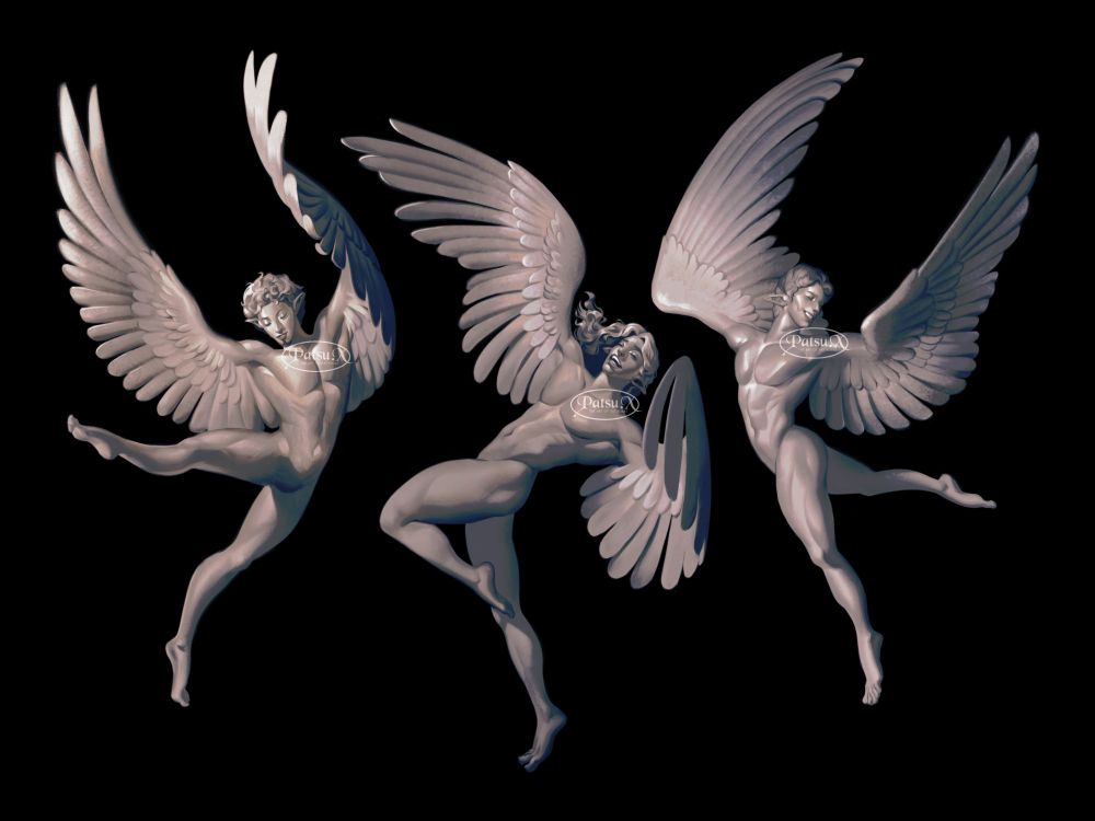 Digital painting of three male harpies dancing/frolicking.