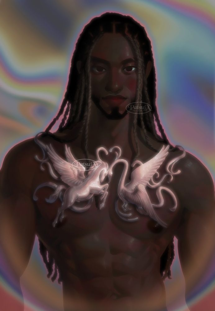 Digital painting of a man with a breast-plate accessory made of a chrome pegasus and swan butting heads, forming a heart.