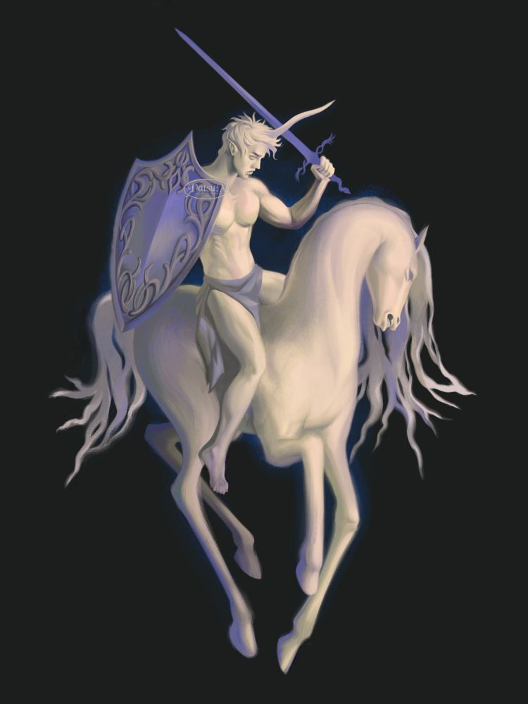 Digital illustration of a knight on horseback. The knight is pale, has a unicorn horn on his forehead, and he is wielding a blue sword and shield. His horse is a pale ghastly figure.