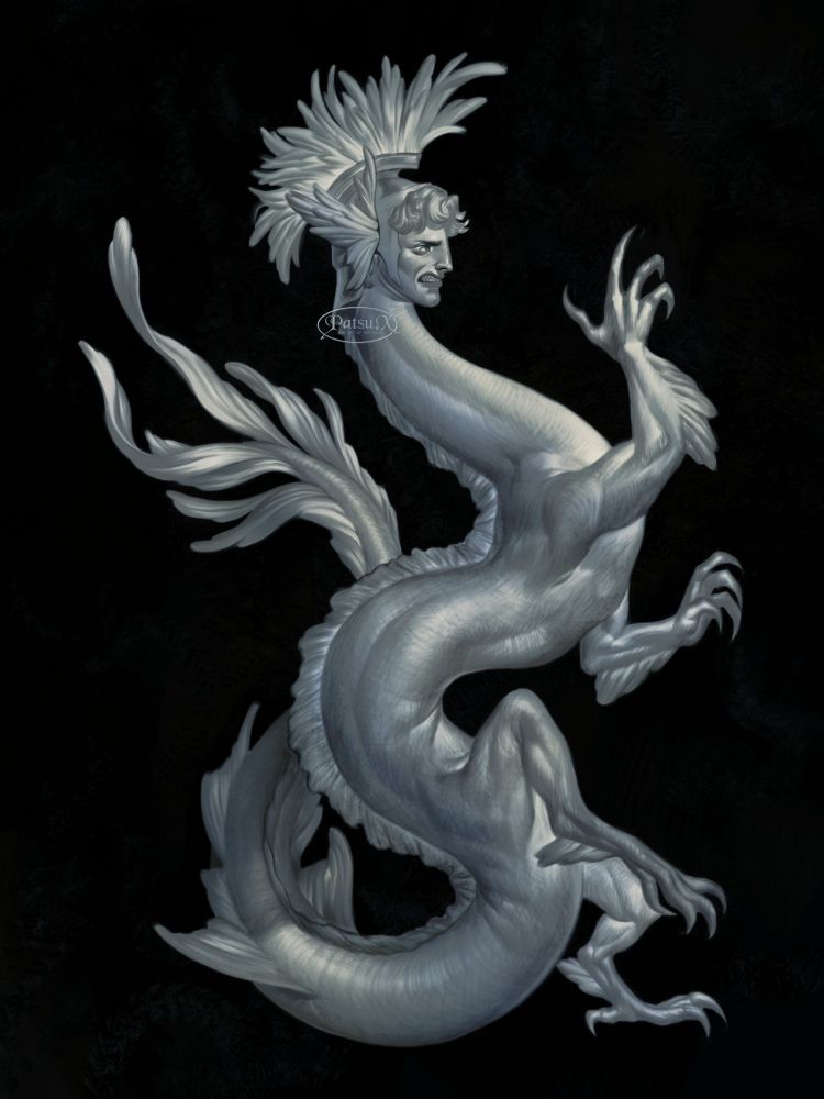 digital painting of a pale white sea dragon with a human face, wearing a Roman centurion inspired helmet