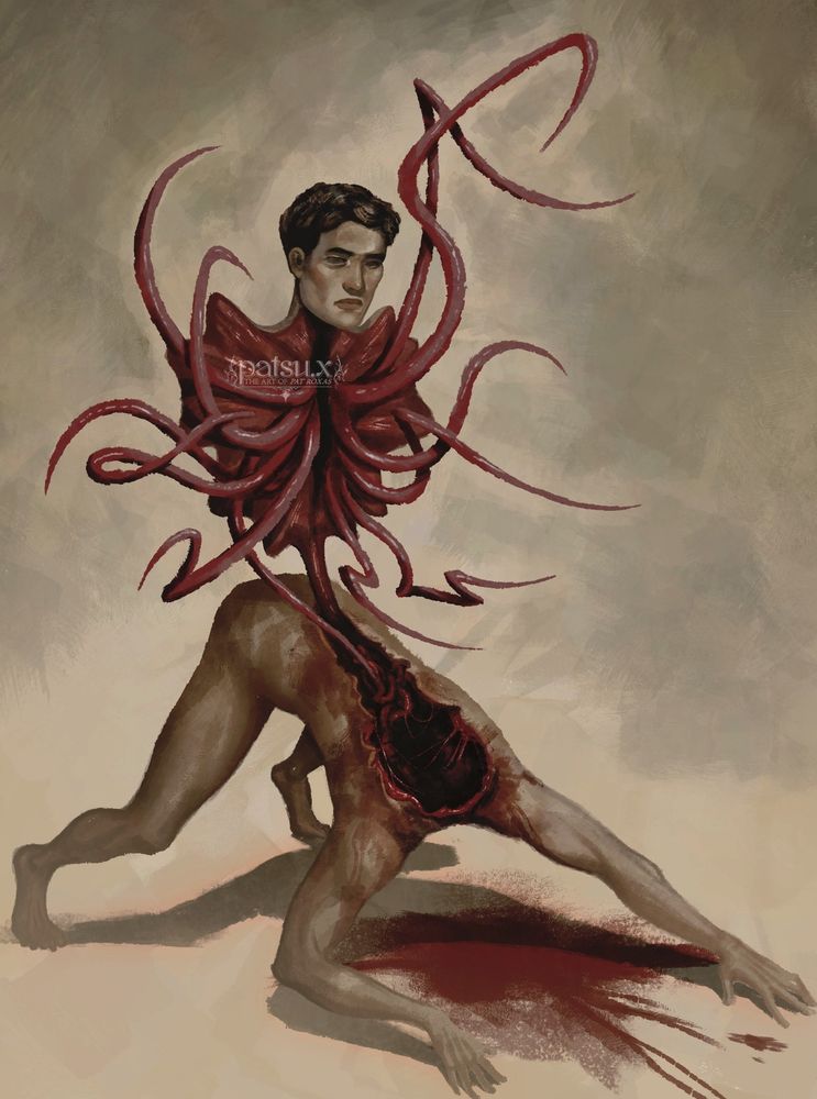 Digital painting of a man with mutated flesh. He is crouched on all fours, his hands and feet clawing the dirt, as if he's getting ready to pounce, but his entire back-side is peeled upward. His entire head, rib-area, and spine are 'standing' upright, exposing the inside of his upper torso. There are tendrils and entrails protruding out of the cavity in his chest, almost as if they're sentient tentacles, and he has a blank expression, as he is lifeless.