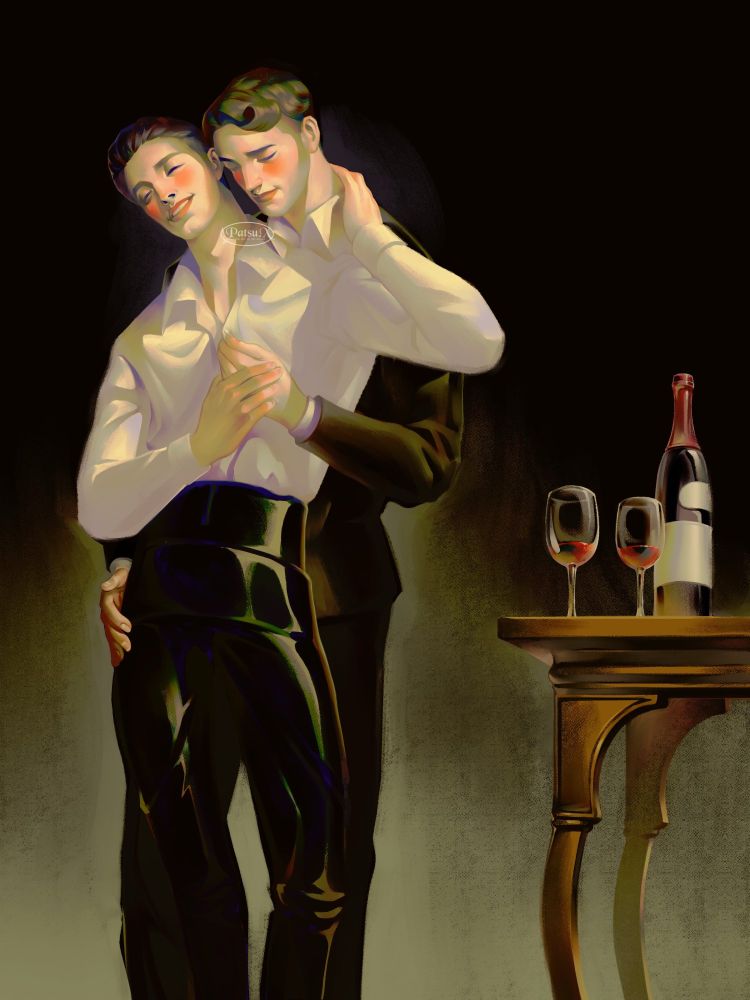 Digital painting of a gay couple being flirtatious. It seems both of them are a little tipsy off of wine.
