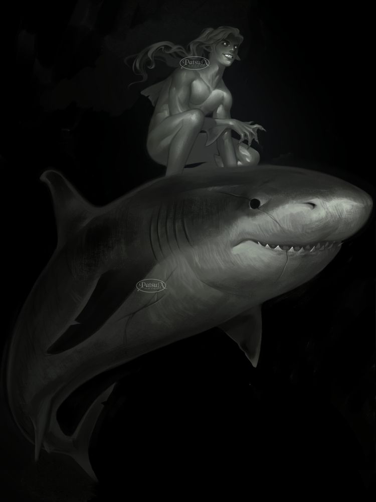 Digital painting of a merman riding the back of a great white shark. The merman has pale skin, long flowy hair in a ponytail, a massive dorsal fin on his back, a pair of pectoral fins on the side of his forearms, and webbed fingers. 

The merman is squatting on top of the shark as they're cruising through the pitch black water. There is a faint light illuminating the face of the shark and the devious grin of the merman, yet his striking, glowing eyes shine the brightest.