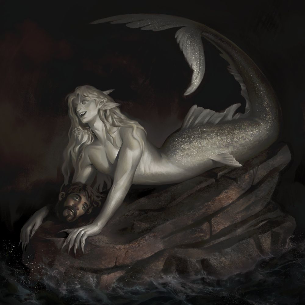Digital painting of a pale white merman perched upon a rock on the dark ocean waters at night, and a decapitated man's head in front of him.

The merman has wavy long hair, long sharp nails, and a sparkly scaly tail. He is flashing a devious smile, showing his fangs, and he's a balance of beautiful and sinister.