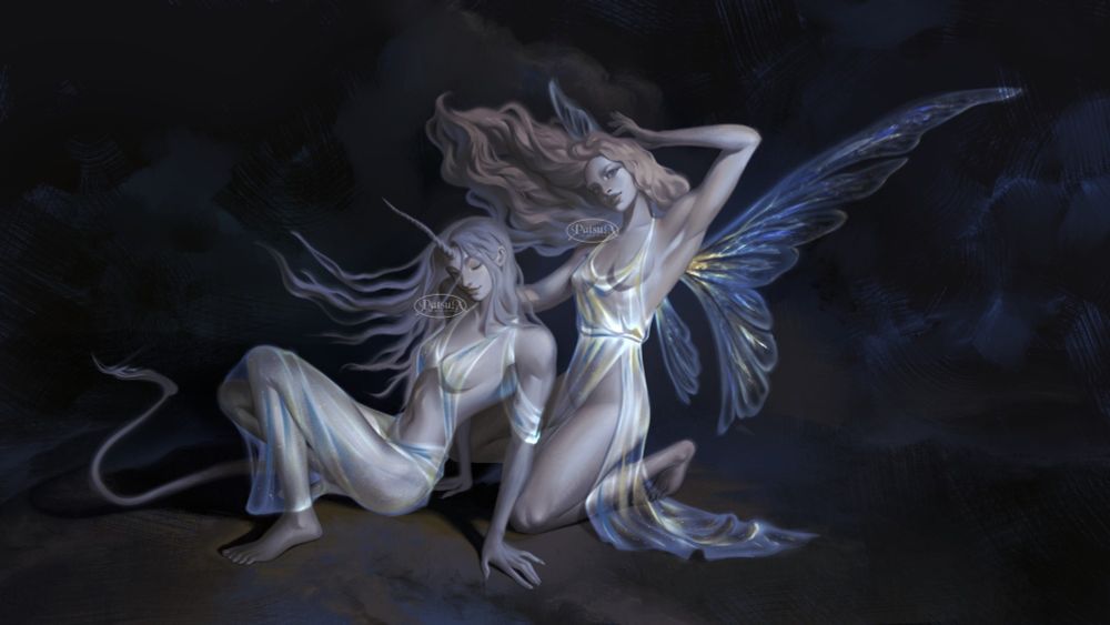 Digital painting of two magical women. The woman on the left is a half unicorn satyr hybrid; she has a unicorn horn protruding out her forehead and a long tail. The woman on the right is a fairy with iridescent wings.