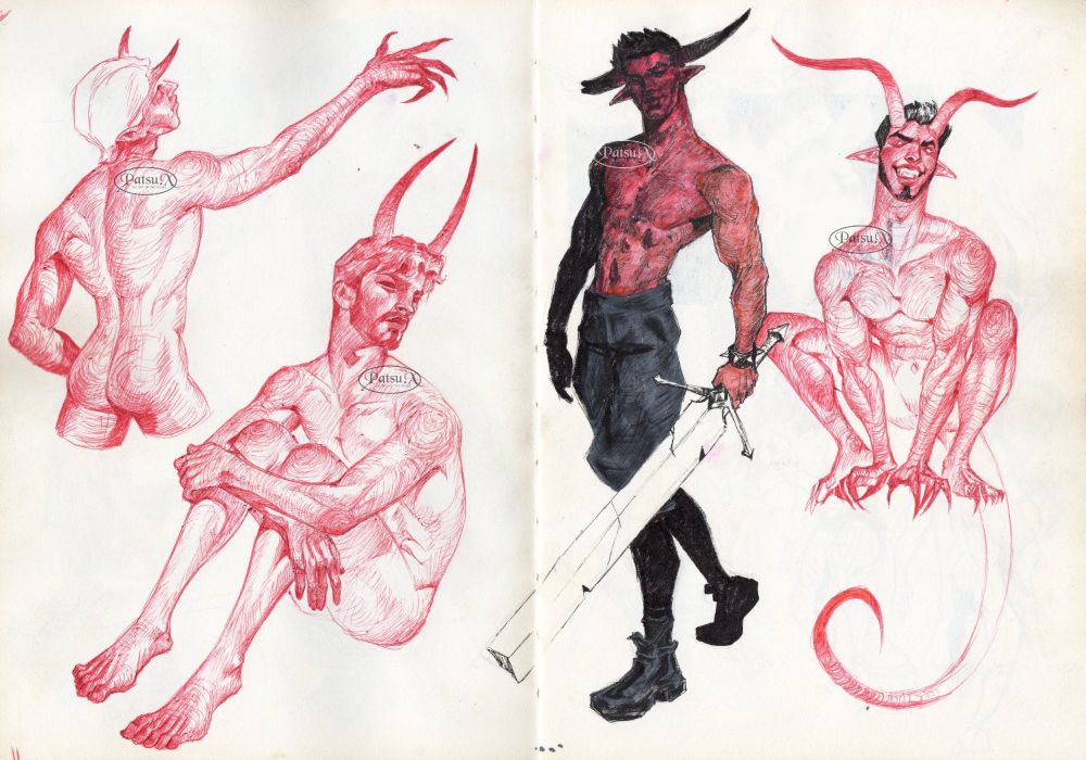 Sketchbook drawings of 4 demonic men, illustrated using ballpoint pens.