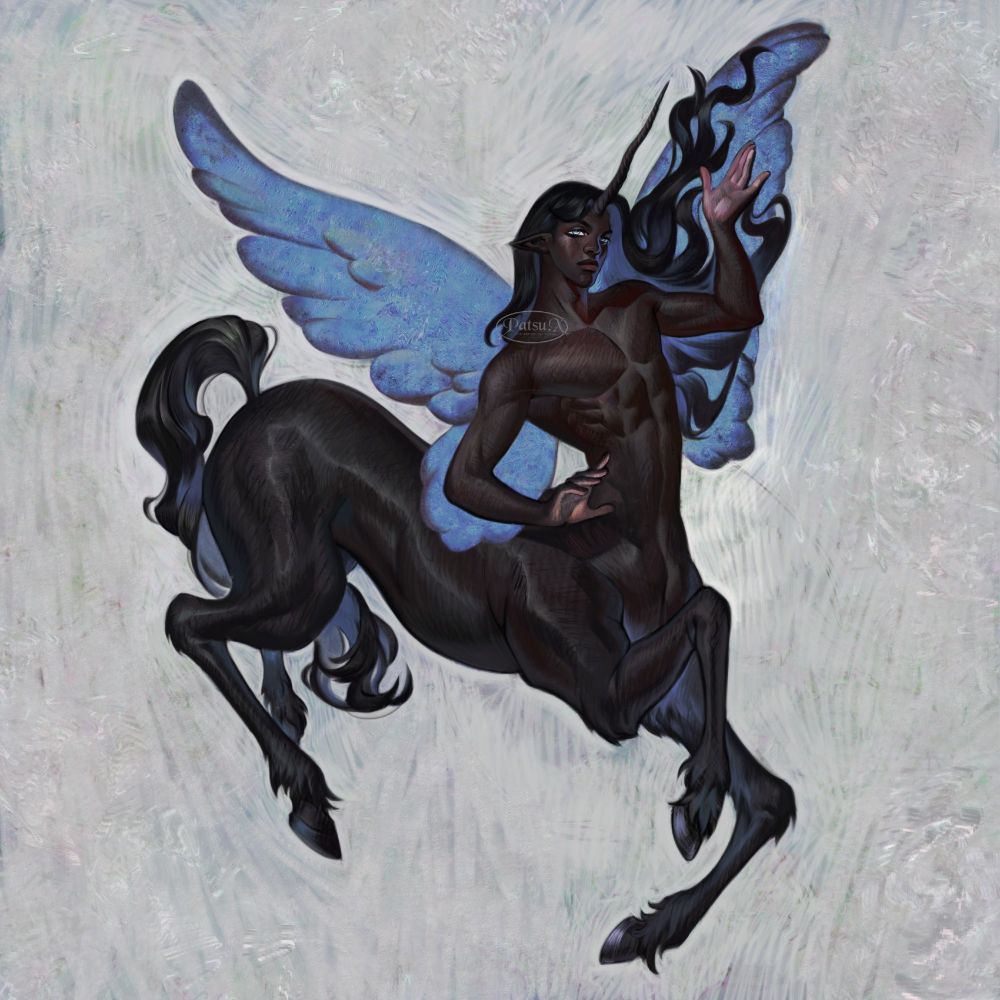 Digital painting of a centaur with unicorn horn on his forehead, and big butterfly wings. He has elegant hair and tail that is flowing in the wind.