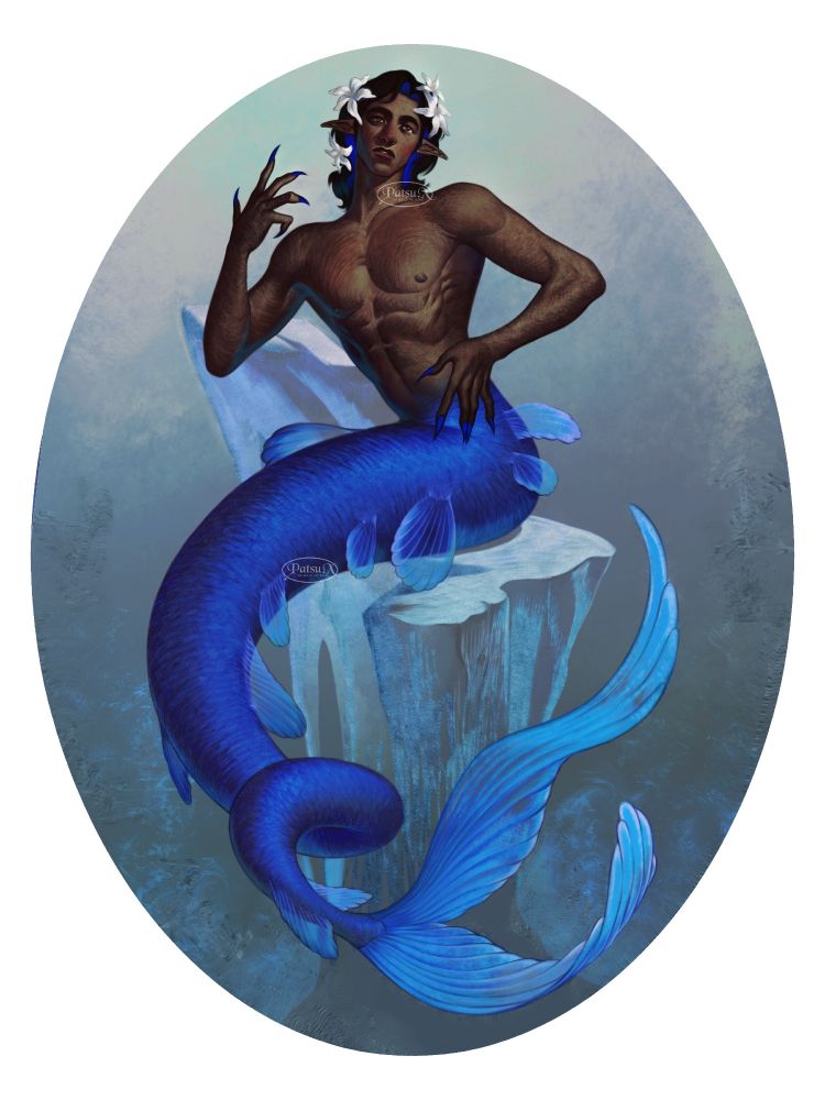 Digital painting of a merman with an elegant royal blue fish tail, sitting atop a lone rock in the middle of a gray sky backdrop. He has long blue nails and white flowers decorating his mid length hair.