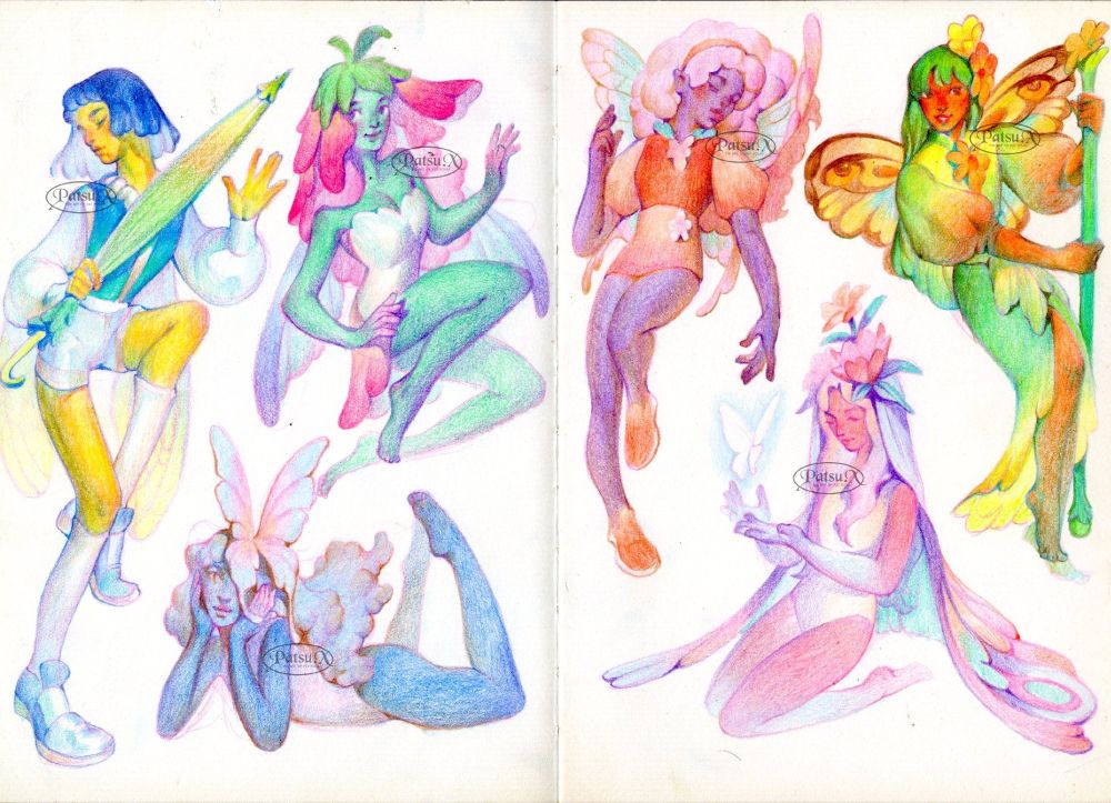 Sketchbook spread of 6 colorful fairy illustrations. Each fairy has a different color scheme and design, and they are drawn using colored pencils.