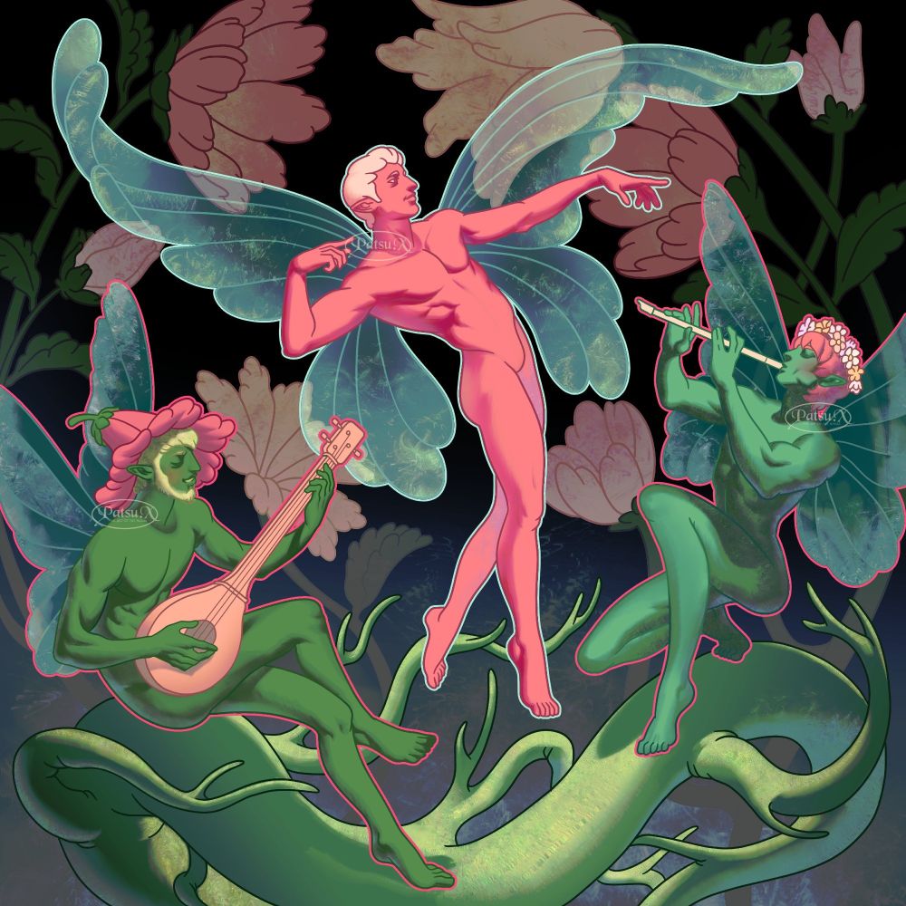 Digital illustration of three fairy men jamming to music on some vines. The fairy on the right has green skin and pink hair, donning a flower crown while playing a flute. The fairy on the left has green skin, blonde hair and beard wearing a pink flower as a hat while he's playing a three stringed instrument. In the middle of the illustration is a pink skinned fairy with wings bigger than the other two's, and he is dancing in the air. There are giant flowers in the background.