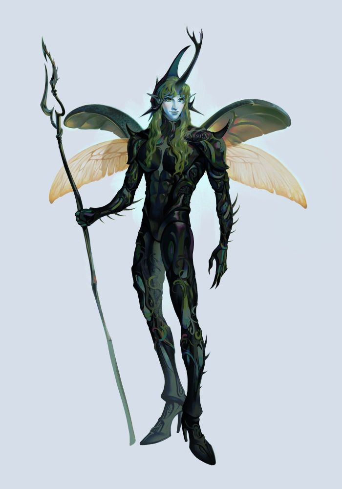Digital painting of a fairy knight. He has pale blue skin, green hair, and he is covered in spiny black armor from head to toe. He has a beetle horn in the middle of his head, and a beetle helmet to match, as well as small beetle wings. He is also wielding a spear.