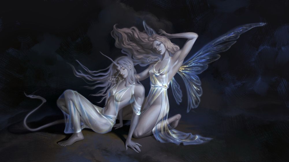 Digital painting of two magical women. The woman on the left is a half unicorn satyr hybrid; she has a unicorn horn protruding out her forehead and a long tail. The woman on the right is a fairy with iridescent wings.