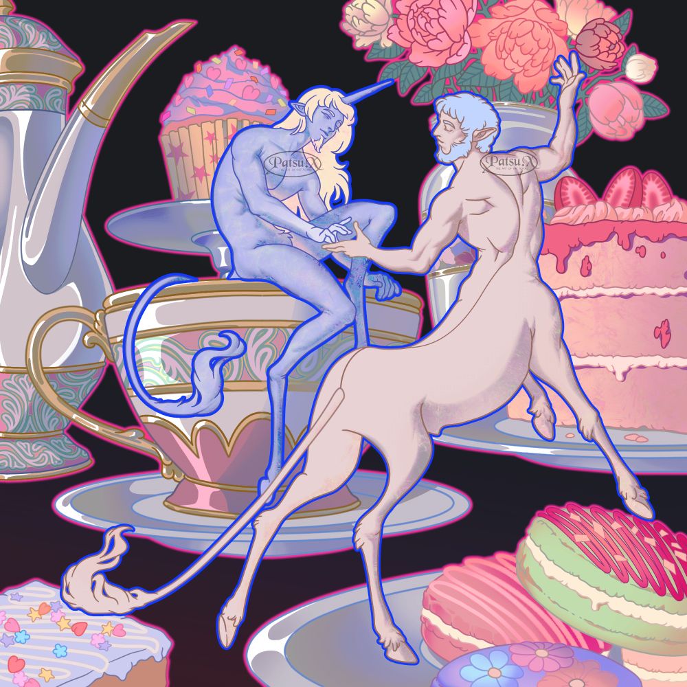 Digital illustration of two, tiny, half equine-half humanoid creatures, hanging out on a table top. A man with long hair, a unicorn horn, a pair of satyr legs and a long tail, is sitting on a porcelain teacup with ornate patterns, and he is reaching out towards a centaur, who is frolicking over porcelain plates. There are plenty of sweets and pastries on the foreground such as brownies and macarons, and in the background is a matching teapot, cupcake holders, a strawberry shortcake, and a vase filled with peonies.