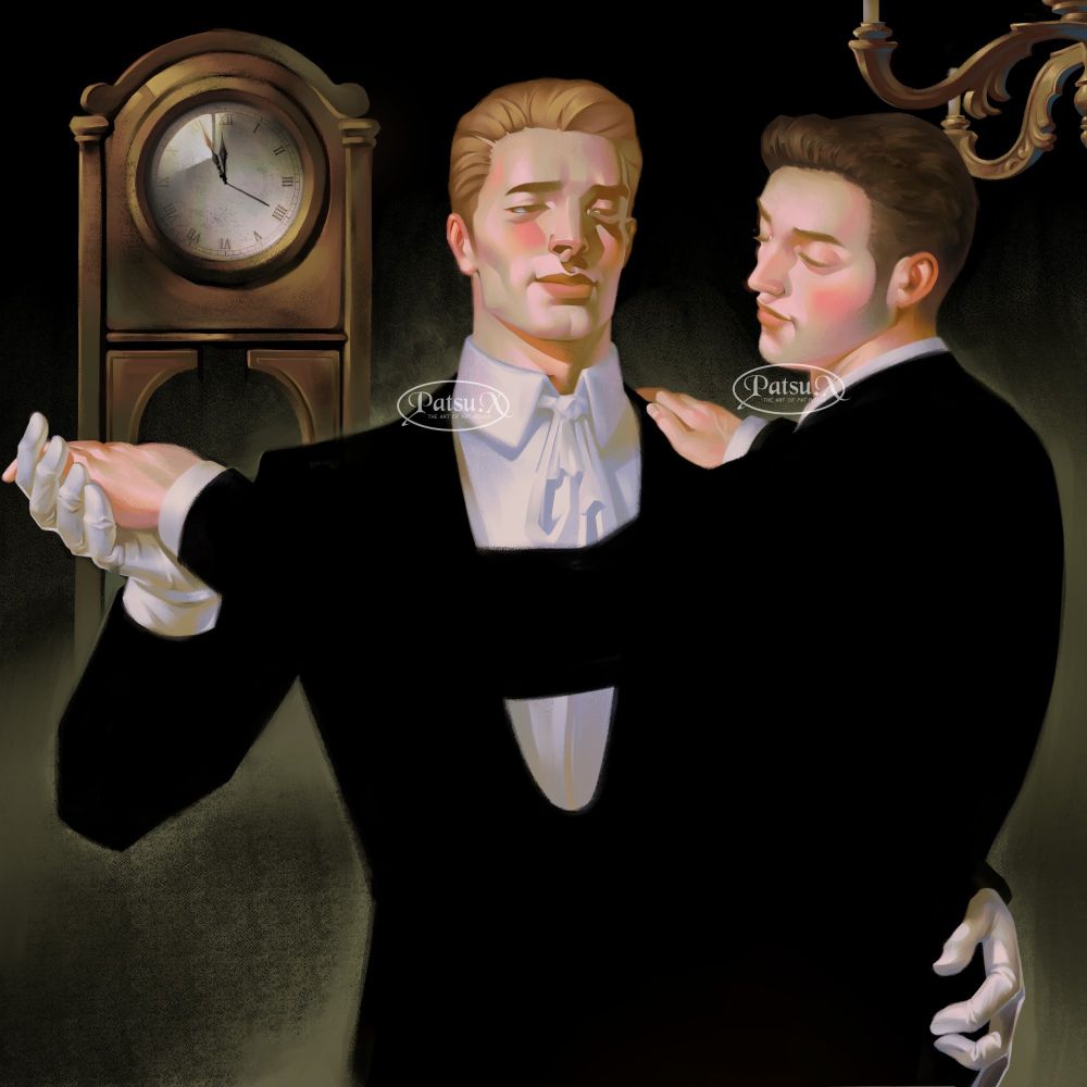 Digital painting of two men in suits, dancing/waltzing.