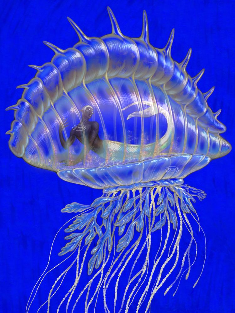 Digital painting of a merfolk-monster mutant. The merman is resting inside what seems to be a mutated creature inspired by the Portuguese Man-O'-War; a translucent jellyfish-like creature with an inflated sac of gelatinous membrane, but with spikes on the top, and the structure is more crystal in rigidity instead.

The merman is lying elegantly on a soft part of the floater, and underneath it is a ton of jelly-like appendages and wiry tentacles.