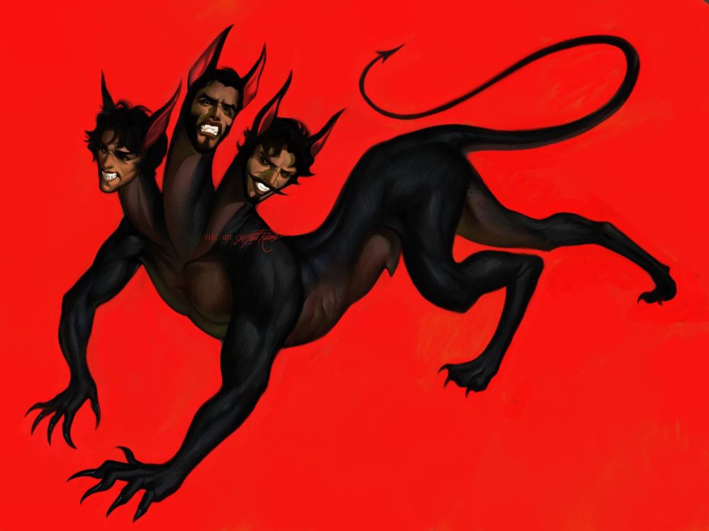 Digital painting of a cerberus with three human heads instead of dogs. It has a humanoid upper torso with a tan and black fur, its hind legs are long and canine-like, and it has a pointy devil's tail.

The three human heads share an angry expression, bearing their teeth.