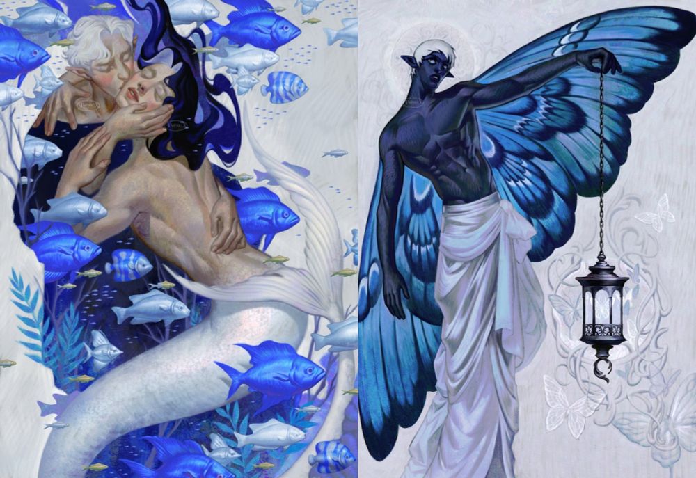 a collage of two digital paintings.

Image on the left: a man kissing a merman on the cheek and they are surrounded by fish. The illustration is almost abstract, with a color palette of vibrant and dark blues, and pale grays.

Image on the right: Digital painting of a fairy with giant blue morpho butterfly wings and a faint halo, holding a lantern that attracts butterflies.