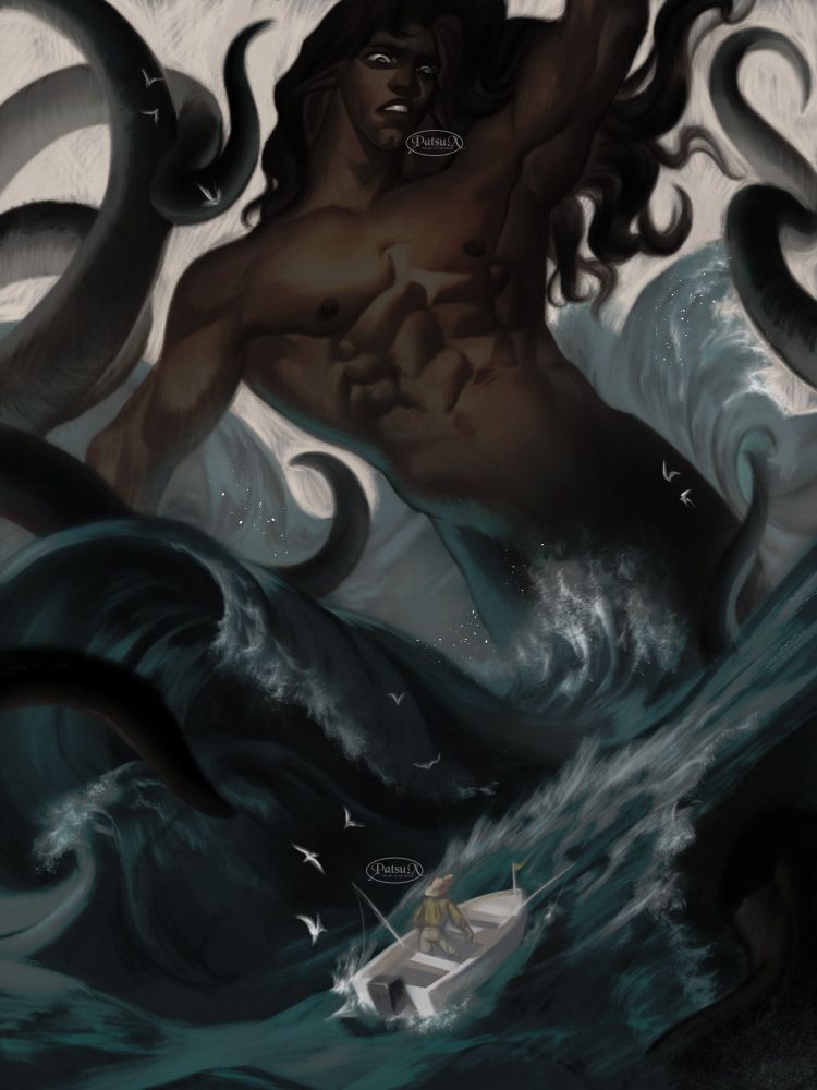 Digital painting of a colossal half man, half sea creature, encountering a small fishing boat, piloted by a single fisherman. The sea creature is a man with long wavy hair; his human torso breaching the water surface, and his cephalopod half submerged in water, his gigantic tentacles conjuring violent waves that accost the unfortunate seafarer.