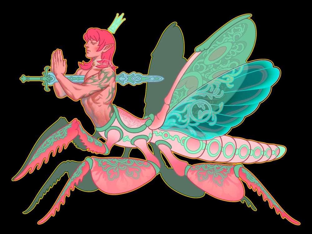 Digital illustration of a half man, half orchid praying-mantis hybrid. The creature has an upper torso of a human in a praying gesture, with a teal crown floating on his head, and a teal sword impaled through his chest and out his back. His mantis half is doing the same gesture, and its wings are splayed open.

The character's skin is a pale pink with rosy pink hair and mantis legs, but with teal green embellishments; his upper torso has green tattoos, and his mantis body is adorned in ornate patterns, and his wings are a vibrant teal and turquoise color.