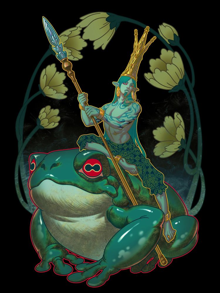 Digital illustration of an elf with pale green skin, holding a spear, wearing a golden, giant crown, and gold jewelry. He's also sitting on the back of a White's Tree Frog.