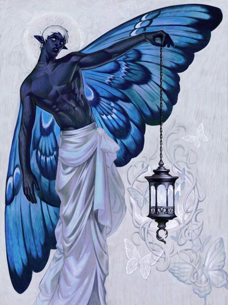 Digital painting of a fairy with giant blue morpho butterfly wings and a faint halo, holding a lantern that attracts butterflies.