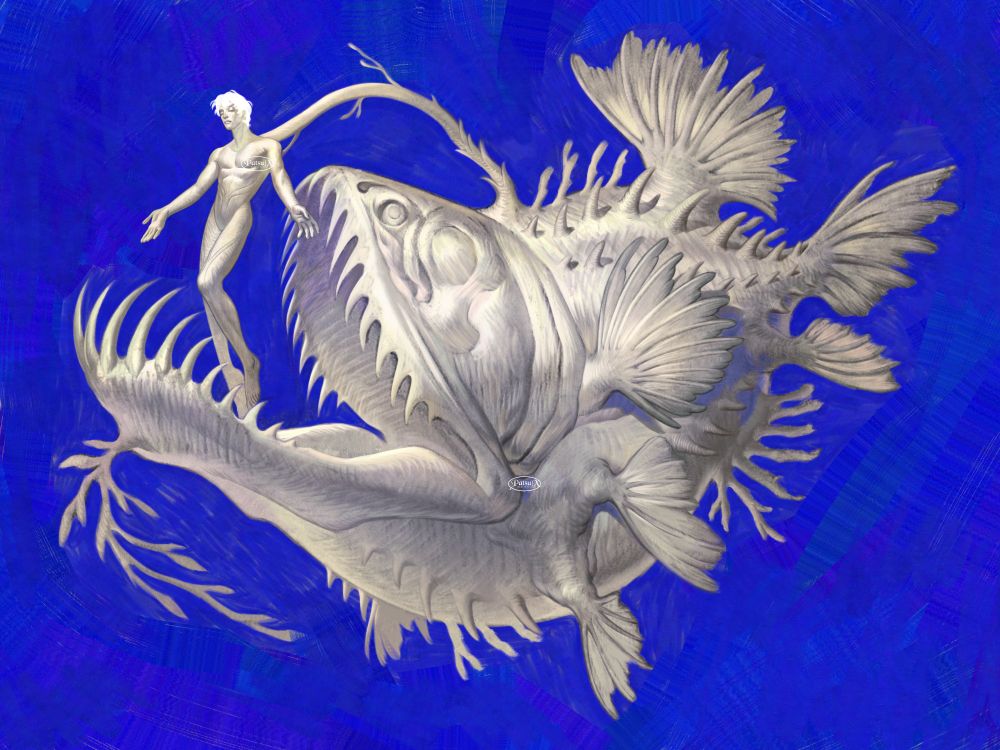 Digital painting of a merfolk-monster mutant. The merman is mostly humanoid; with human legs and barely any aquatic features, but on the nape of his neck is a fleshy appendage, that tethers him to the spine of a giant, mutated anglerfish, as if he's the lure and bait instead of a faintly glowing appendage.

The merfolk is floating above the large and open jaws of the anglerfish.