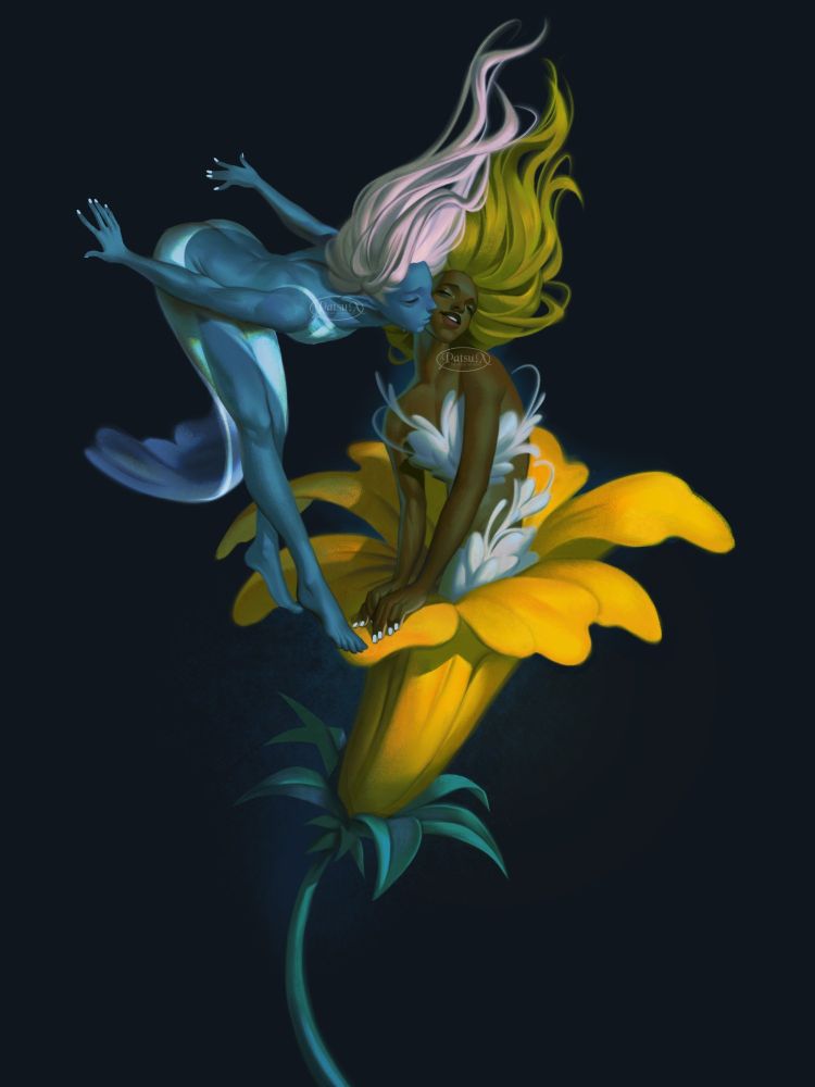 Digital painting of a wind fairy kissing the cheek of a flower fairy.