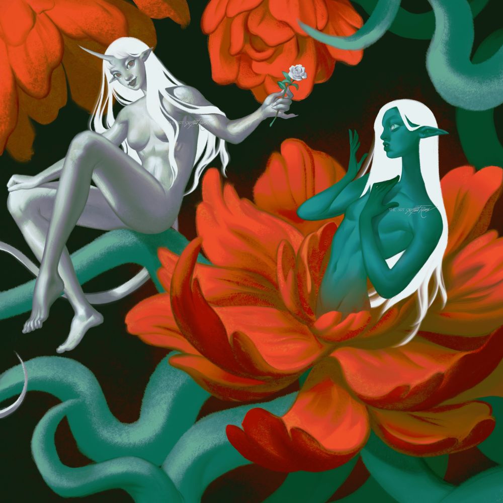 Digital painting of two women-creature hybrids, sitting on floral vines. The women on the left side of the image has a unicorn horn, and is handing a white flower to the other woman, who is half plant, and has her lower torso embedded on the center of a giant red flower.