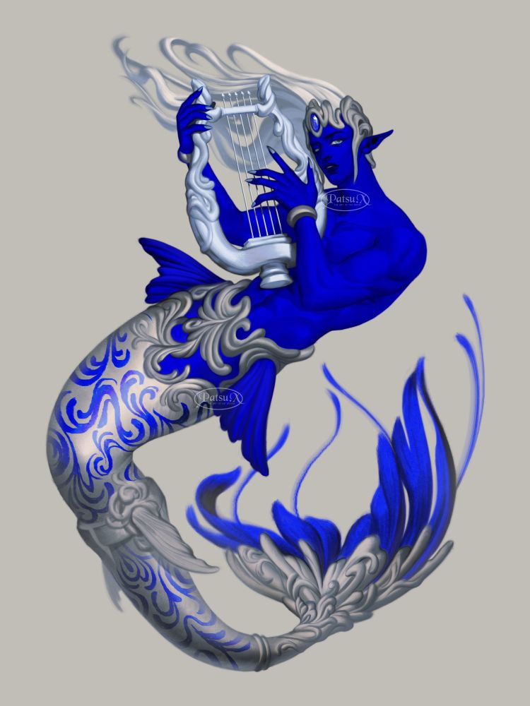 Digital painting of a merman with rich, royal blue skin and fins. His tail is encrusted with a porcelain armor of sorts, with ornate carvings and patterns on it, almost similar to a ceramic vase. He is donning a pair of concrete bracelets, and a helmet in the same texture as his tail, with a sapphire centerpiece. His hair is flowing in the water, and he is playing a 5 string porcelain vase.