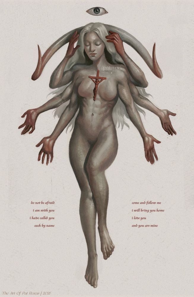 Mixed media painting of a demonic lady. She has a pair of horns that are curving downwards, creating an arch shape; she has six arms with bloodied hands, and there is a blood red crucifix nailed to her chest. Floating atop her head is a human eye, almost looking like a halo. The illustration is painted with gouache and finished digitally.