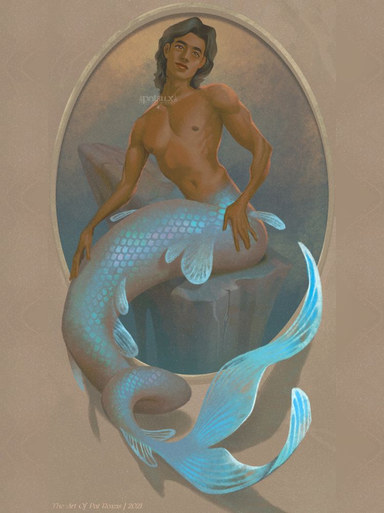 Digital painting of a merman with an elegant turquoise blue fish tail, sitting atop a lone rock in the middle of a gray sky backdrop. 