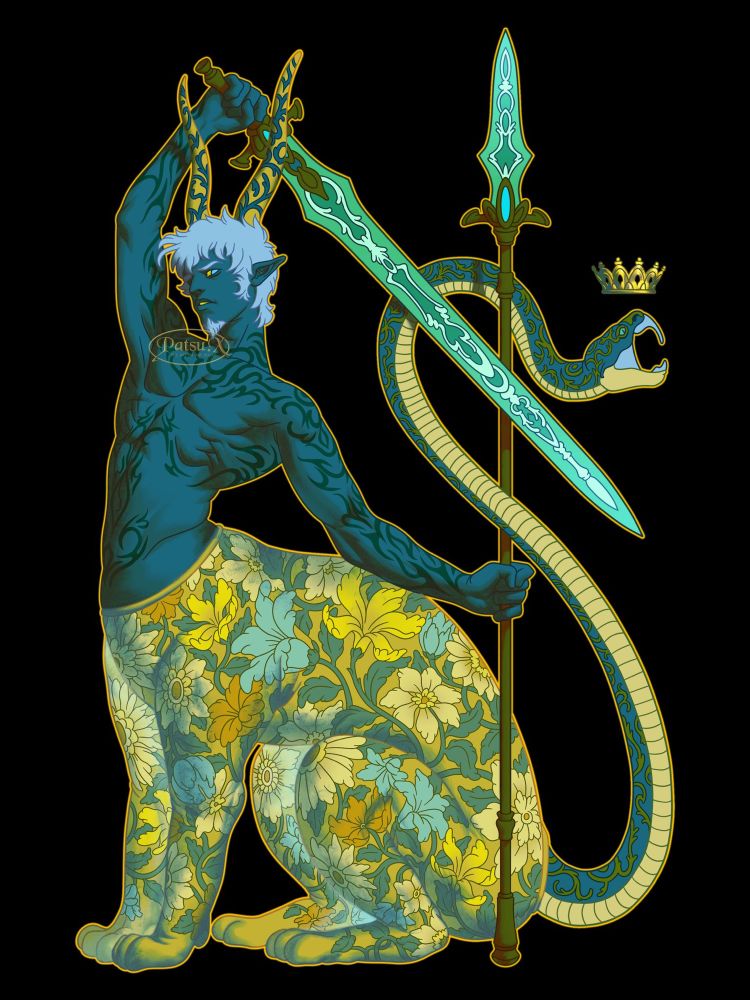Digital illustration of a half man, half lion, with goat horns and a snake tail, wielding a sword and a spear. The man half is covered in tattoos, and the lion half is covered in floral print. 