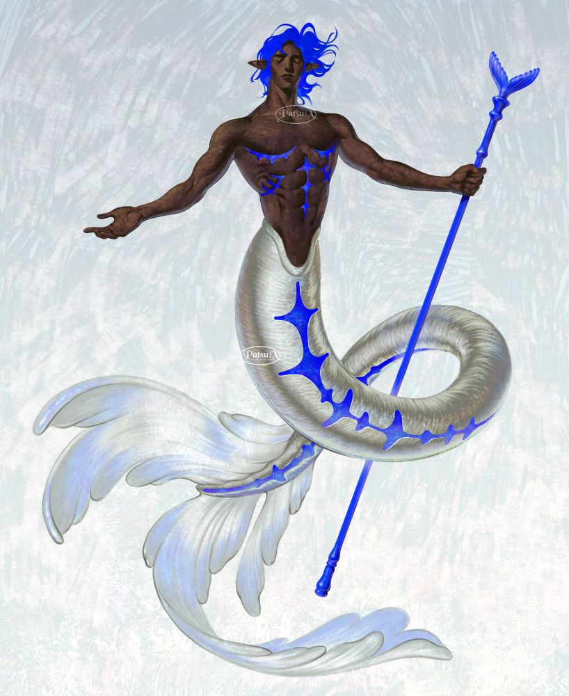 Digital painting of a merman with an iridescent silver tail. There are ornate patterned cavities all over his lower and upper torso that emits glowing blue magic. He is holding a fish tail staff.