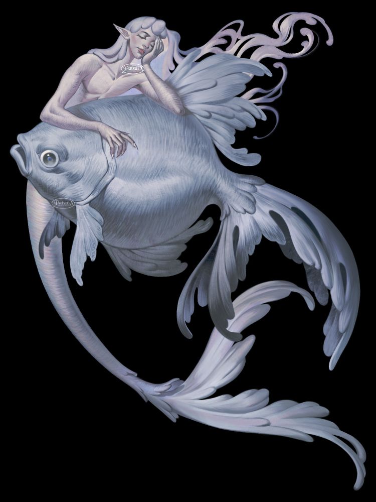 DIgital painting of a merman with long flowy hair, resting his elbows and arms on top of a giant white goldfish.