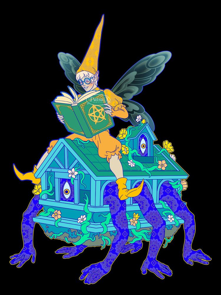 Digital illustration of a fairy elf. reading a demonic tome, sitting on the roof of a small, teal colored house, inhabited by a demon.